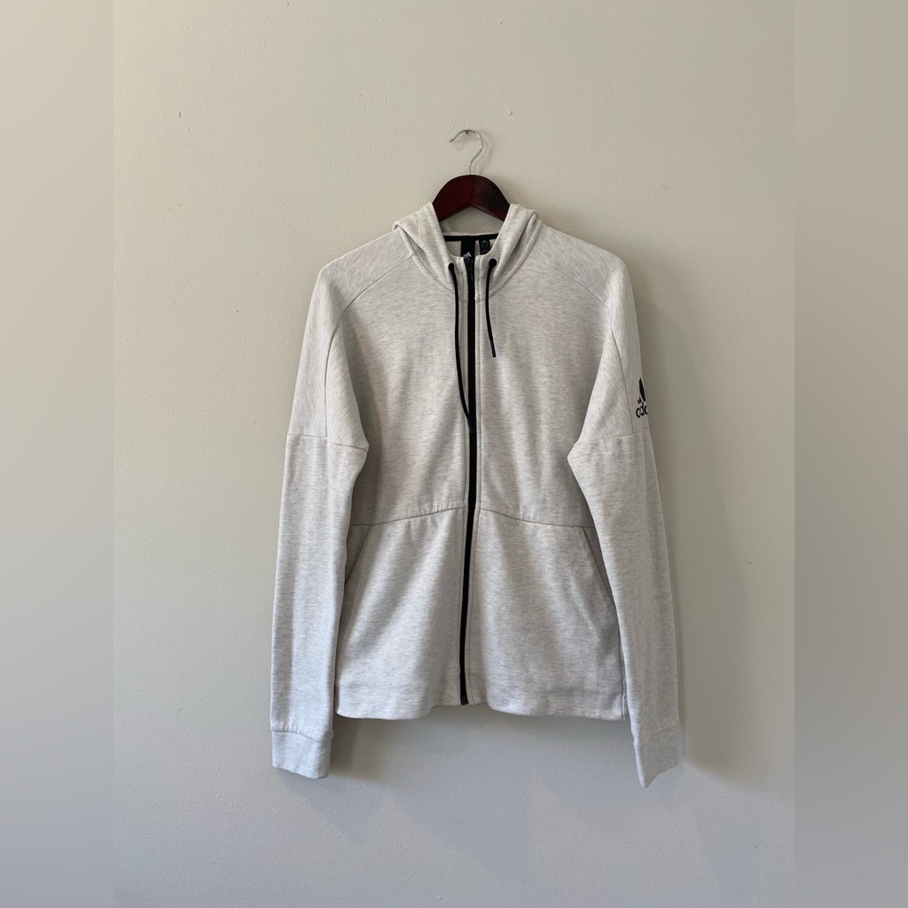 Adidas Men’s Sweater Hoodie Medium Light Heather Gray Black Drawstring Pockets